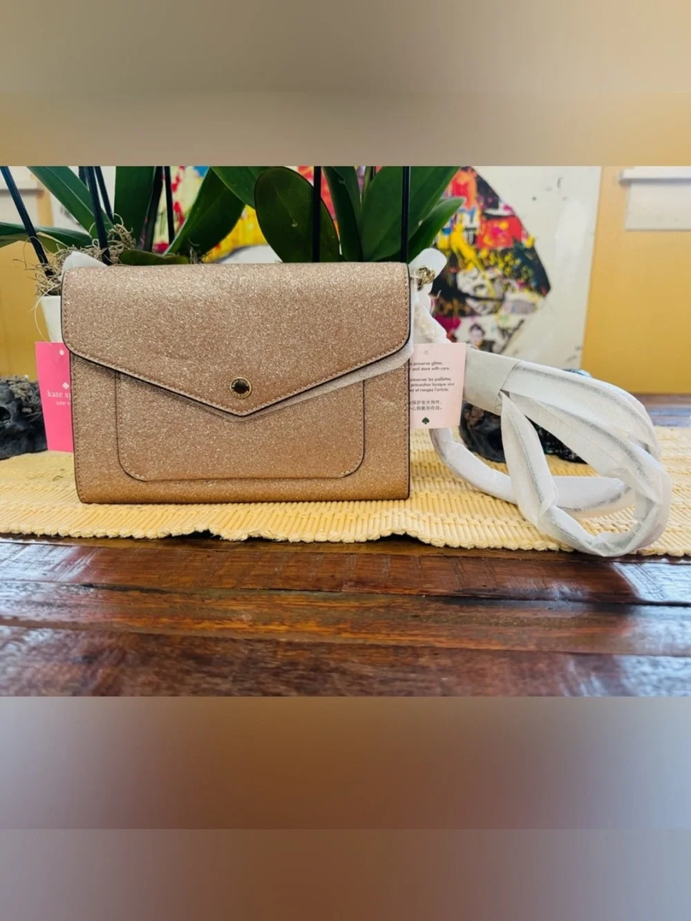 NWT Kate Spade Retail $279 Tinsel Flap Crossbody- Rose Gold Glitter